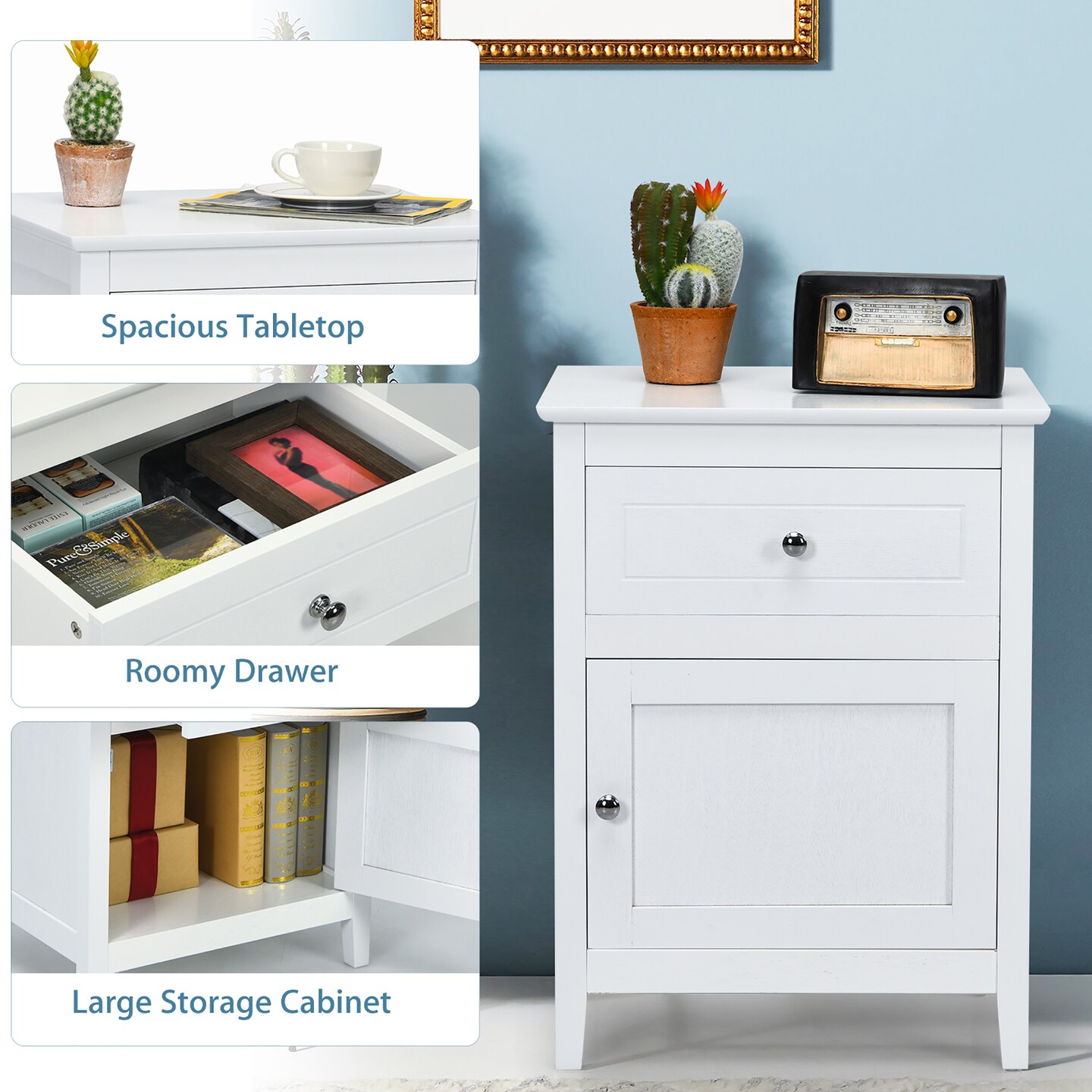 Costway Nightstand with Drawer Accent Side End Table Storage Cabinet White\Natural\Espresso