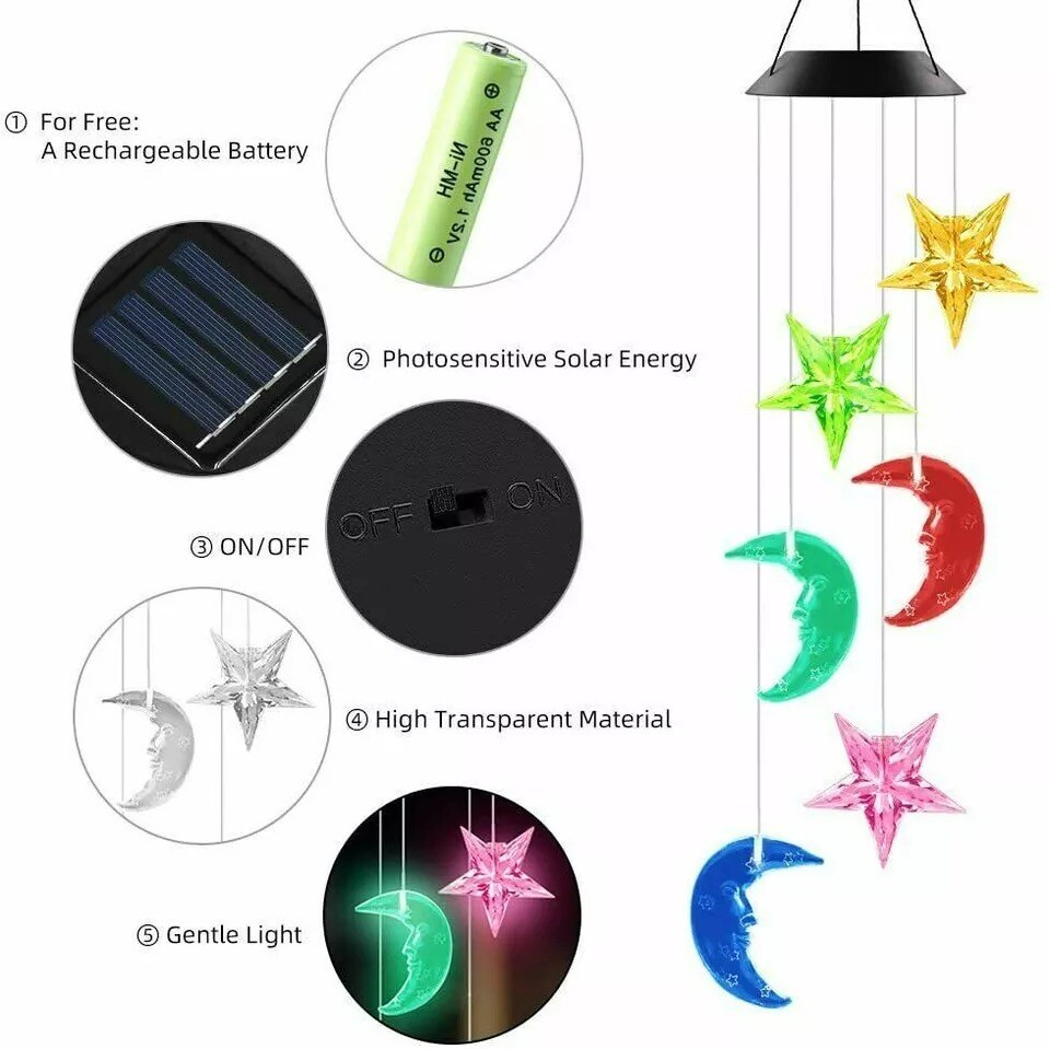 Solar Lamp Color Changing LED Moon-star Wind Chimes Outdoor Home Garden Decor