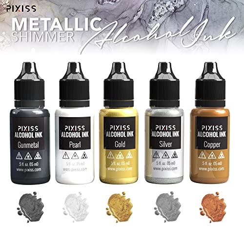 5 Pieces Alcohol Ink Set, Gold Alcohol Ink, Silver, Gunmetal, Copper, Pearl, Alcohol Ink Metallic Mixatives with Extreme Shimmer for Alcohol Ink Paper, Large 0.5 Ounce Inks