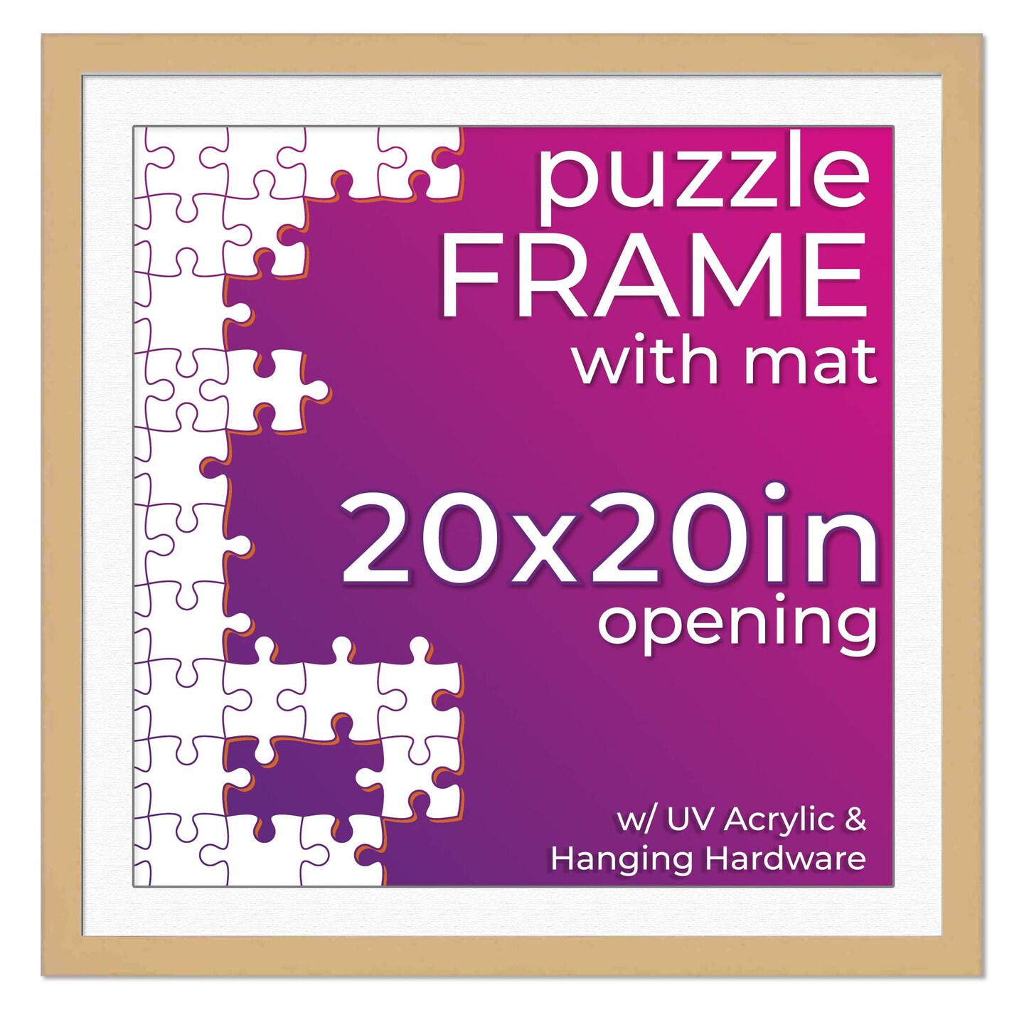 Natural Wood Puzzle Frame Kit with Glue Sheets, White Mat, Backing, UV Acrylic - Available in 20 Popular Sizes