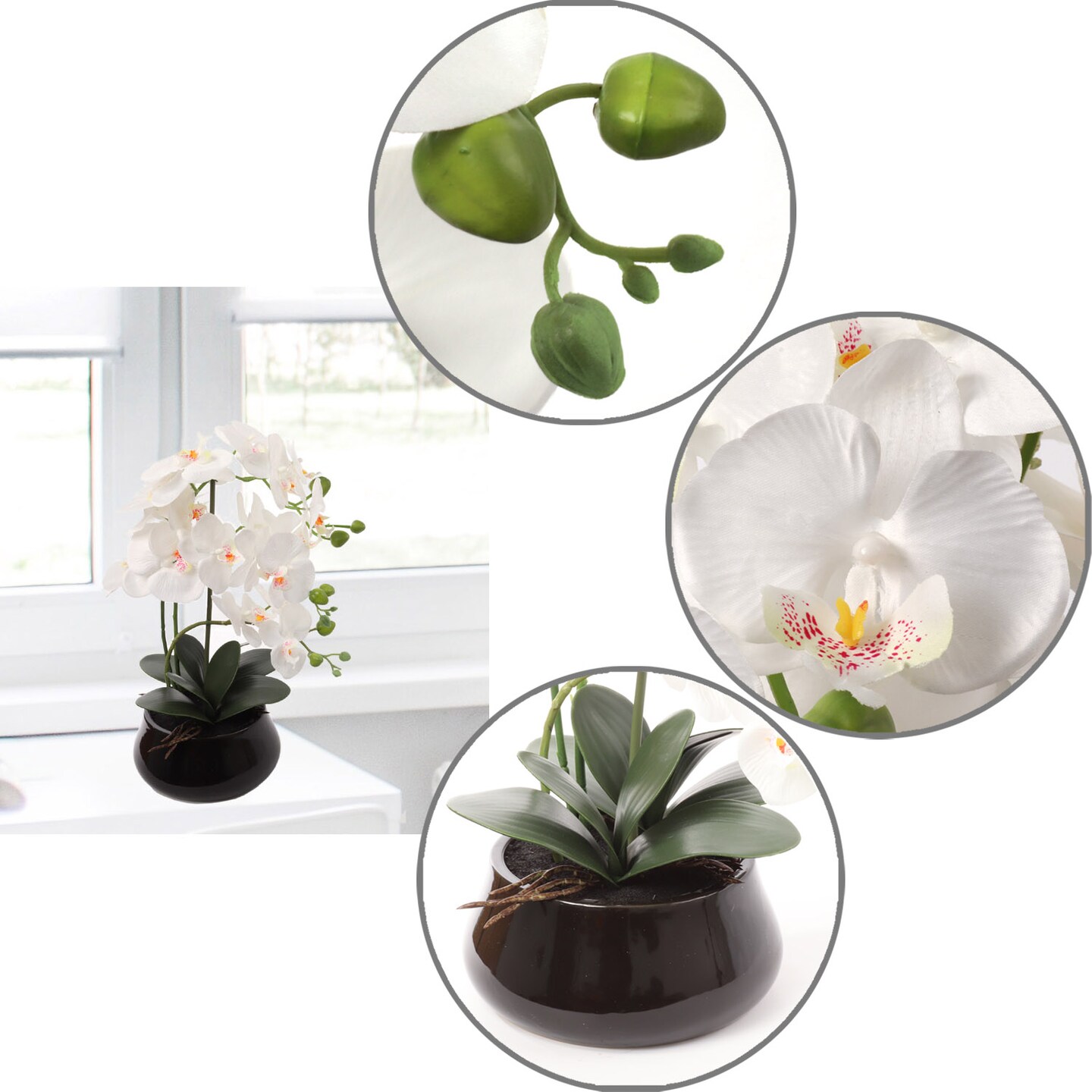 15" x 9" White Phalaenopsis Orchid with 7" Round Pot, Elegant Artificial Floral Accent, Ideal for Home, Office, and Event Décor, Floral Home by Artificial Flowers