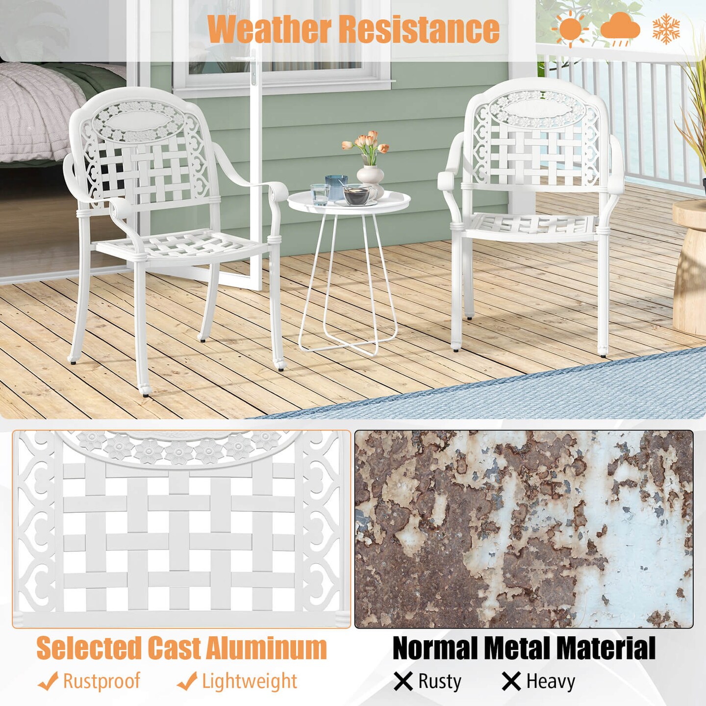 Costway 4pcs Patio Cast Aluminum Armrest Chairs Dining Stackable Outdoor Bronze/White