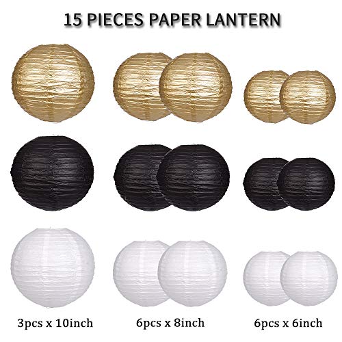 15 Pieces Paper Lanterns Decorative, Round Hanging Paper Lanterns Decorations for Wedding Graduation Anniversary Birthday Party Supplies Black/Gold/White