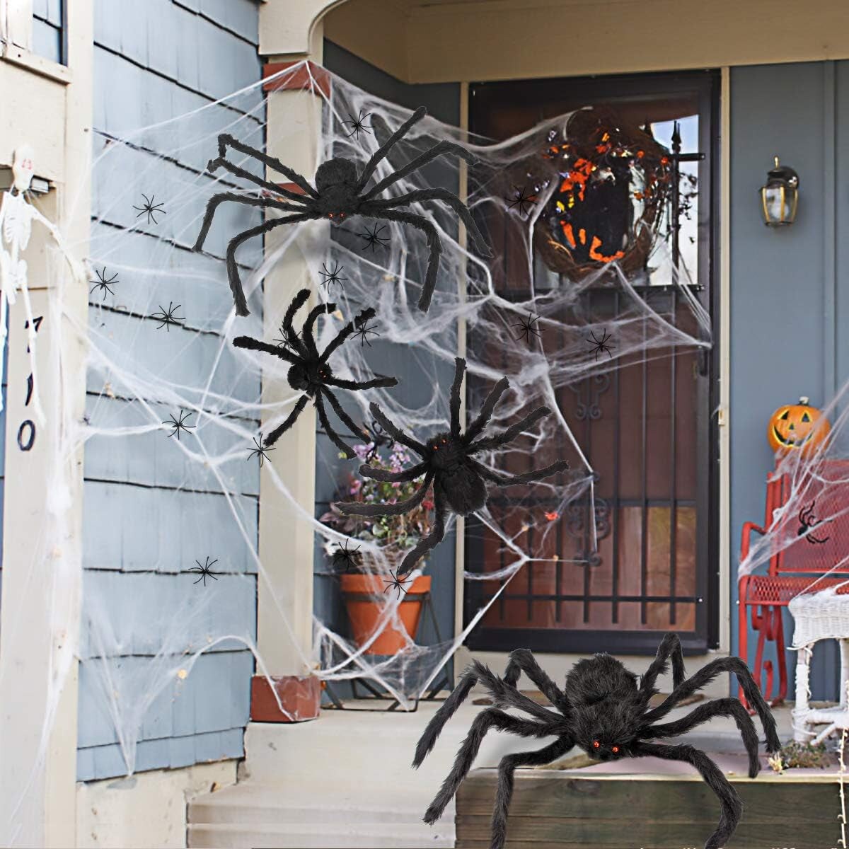 Halloween Spider Decorations, Halloween Scary Giant Spider Set with 4 Large Fake Spider, Spider Web, 20 Small Plastic Spiders, Cobwebs for Window Wall and Yard Outdoor Halloween Decor