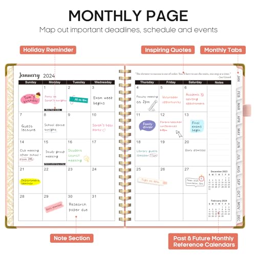 Weekly and Monthly Planner Spiral Bound, Jan 2024 - Dec 2024, A5 (6.7&#x22; x 8.6&#x22;), Planner 2024 with Tabs, Inner Pocket, Helps To Keep Track Of Tasks - Pink