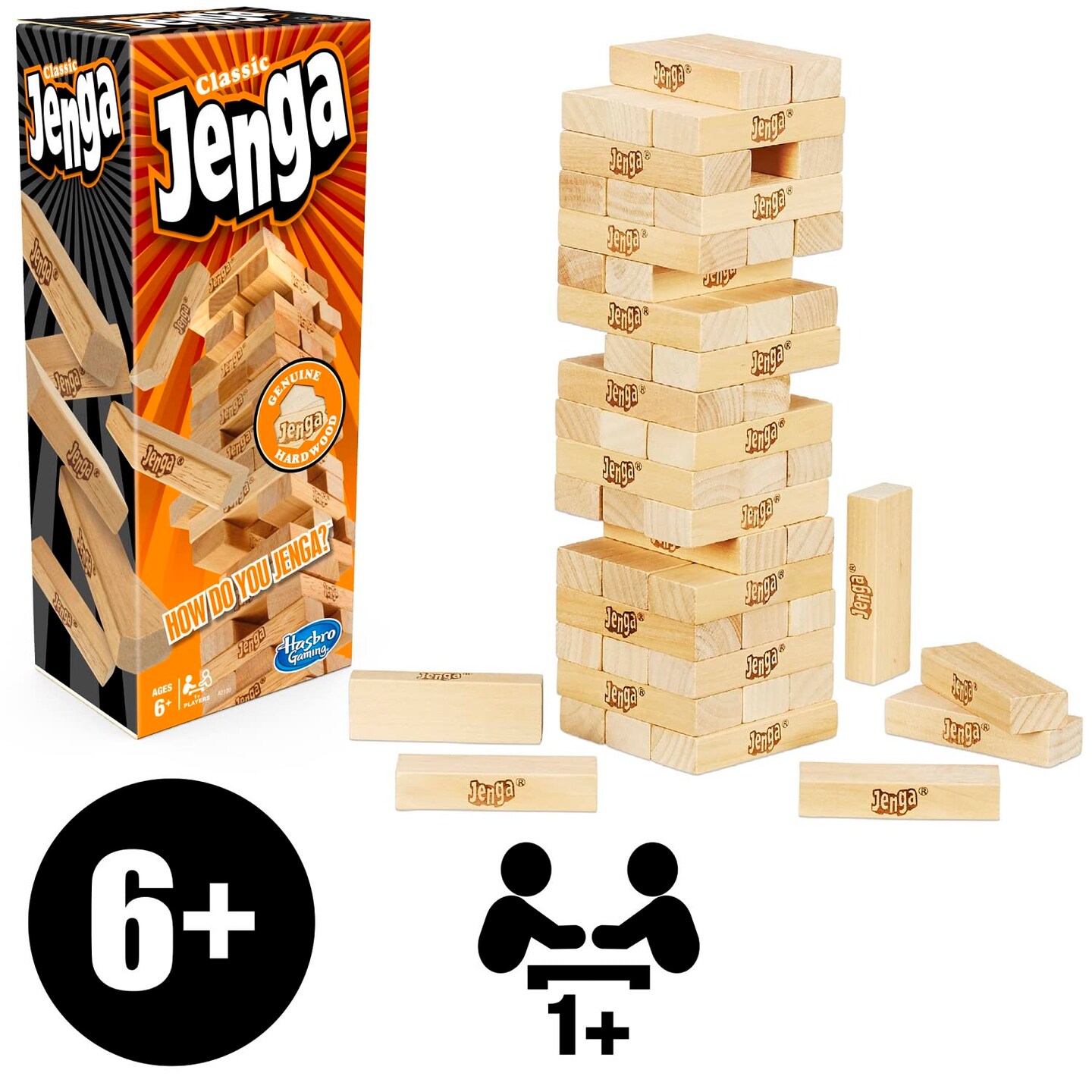 Jenga Classic Game with Genuine Hardwood Blocks,Stacking Tower Game for 1 or More Players,Kids Ages 6 and Up