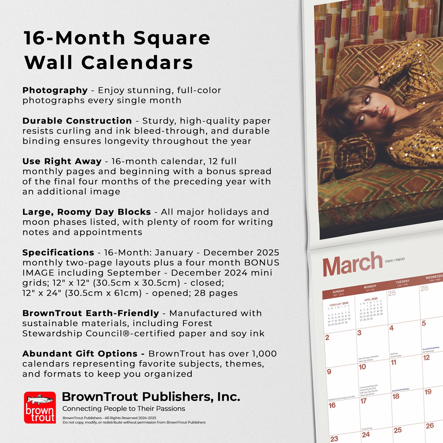 Taylor Swift OFFICIAL | 2025 12 x 24 Inch Monthly Square Wall Calendar | BrownTrout | Music Pop Singer Songwriter Celebrity
