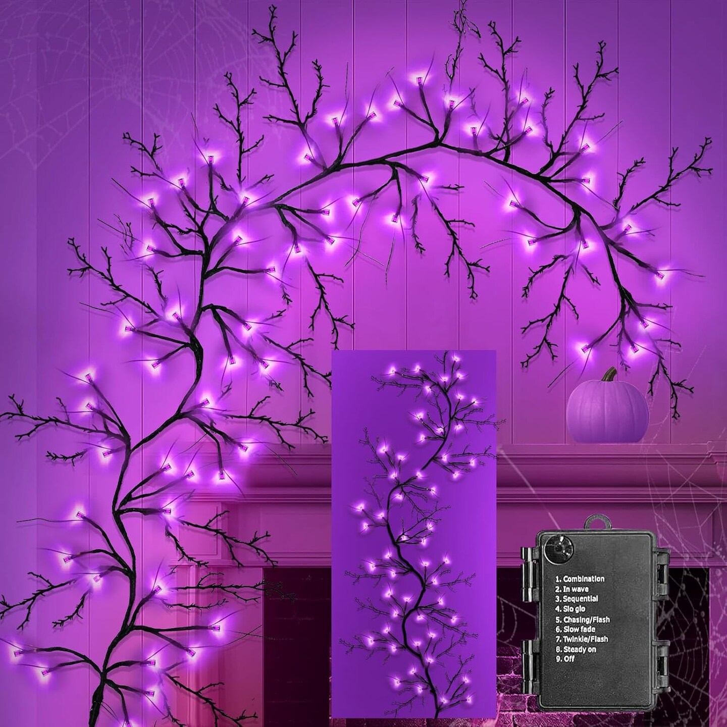 8 Modes &#x26; Timer] 6Ft 54 LED Halloween Willow Vine Twig Halloween Garland with Lights Purple Halloween Lights Waterproof Battery Operated for Mantle Wall Fireplace Indoor Halloween Decorations