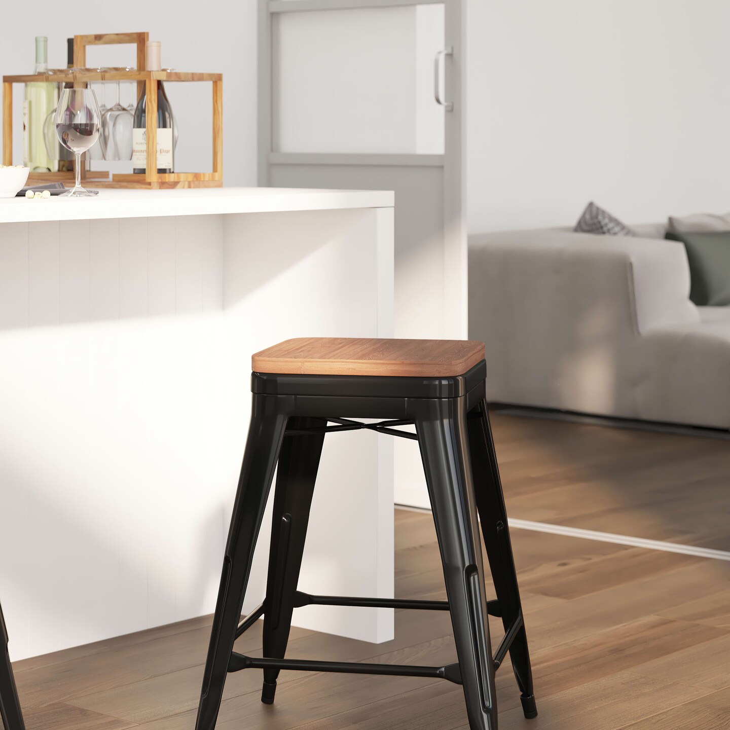 Merrick Lane Dalton Series Backless Metal Dining Stool with Wooden Seat for Indoor Use