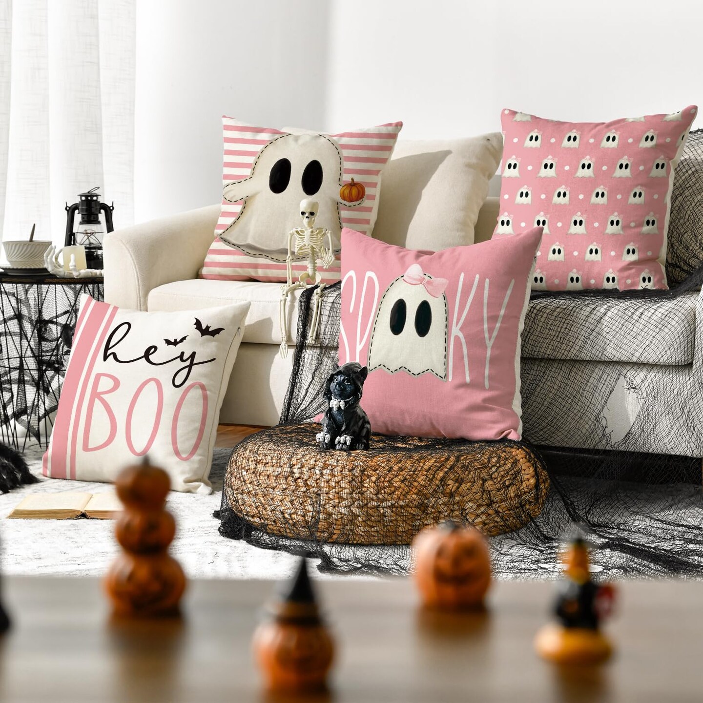 4 Pieces Colorlife Halloween Hey Boo Cute Ghost Spooky Pink Throw Pillow Covers, 18 x 18 Inch Horror Scary Cushion Case for Sofa Couch