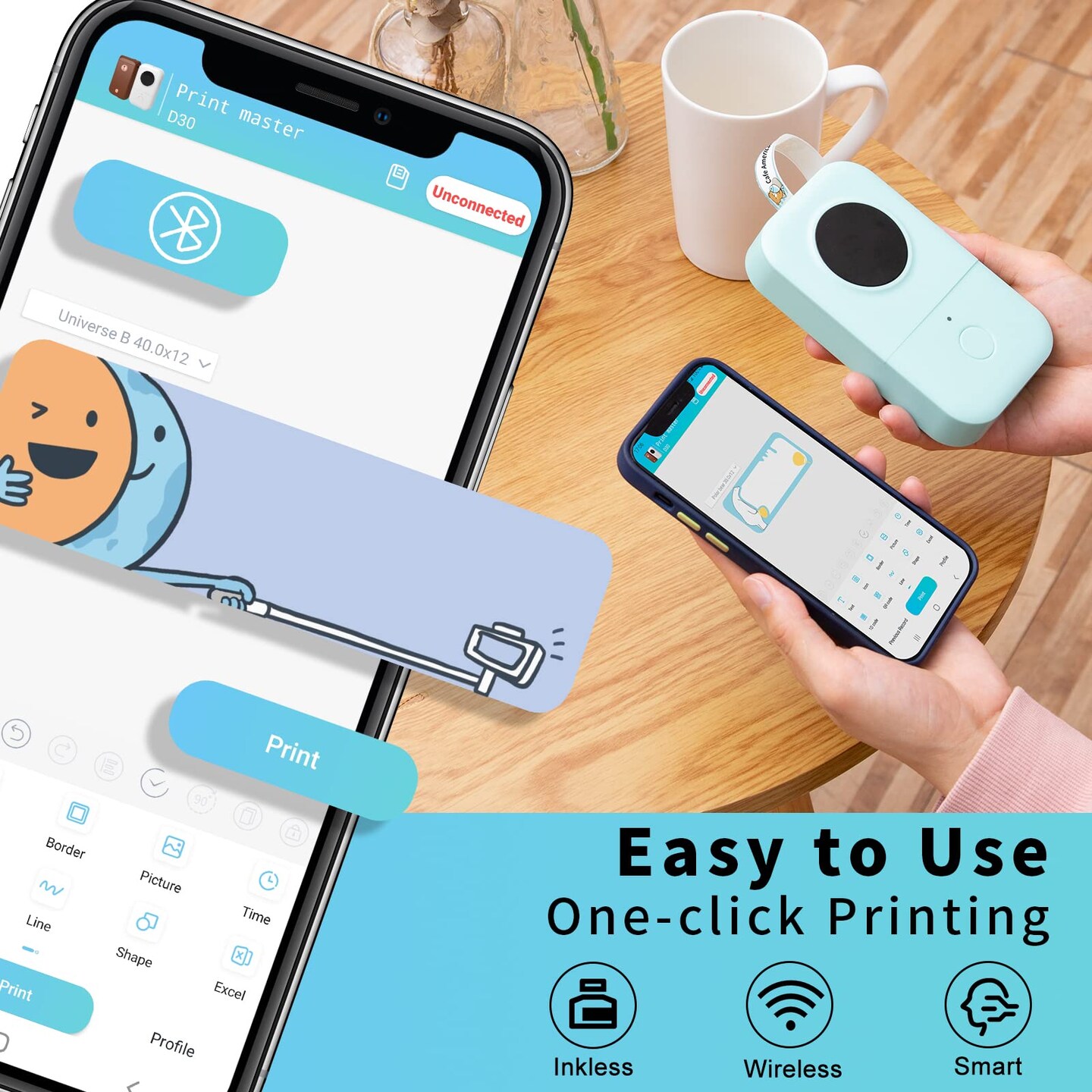 D30 Label Maker Machine with Tape, Portable Bluetooth Printer, Small Smart Phone Handheld Sticker Mini Labeler Multiple Templates Font Icon Easy to Use Inkless Rechargeable F Office Home
