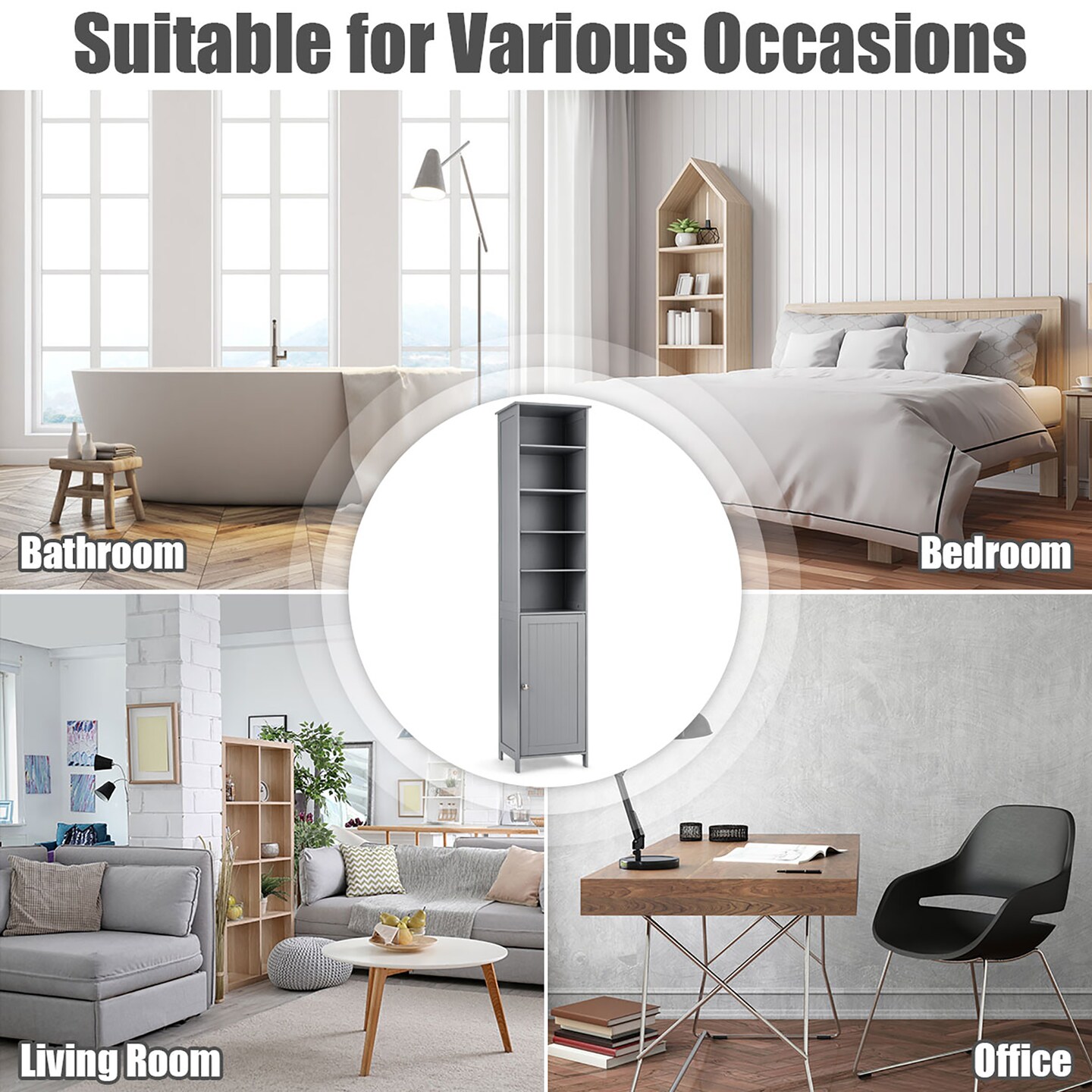 Costway 72''H Bathroom Tall Floor Storage Cabinet Shelving Display Grey\White