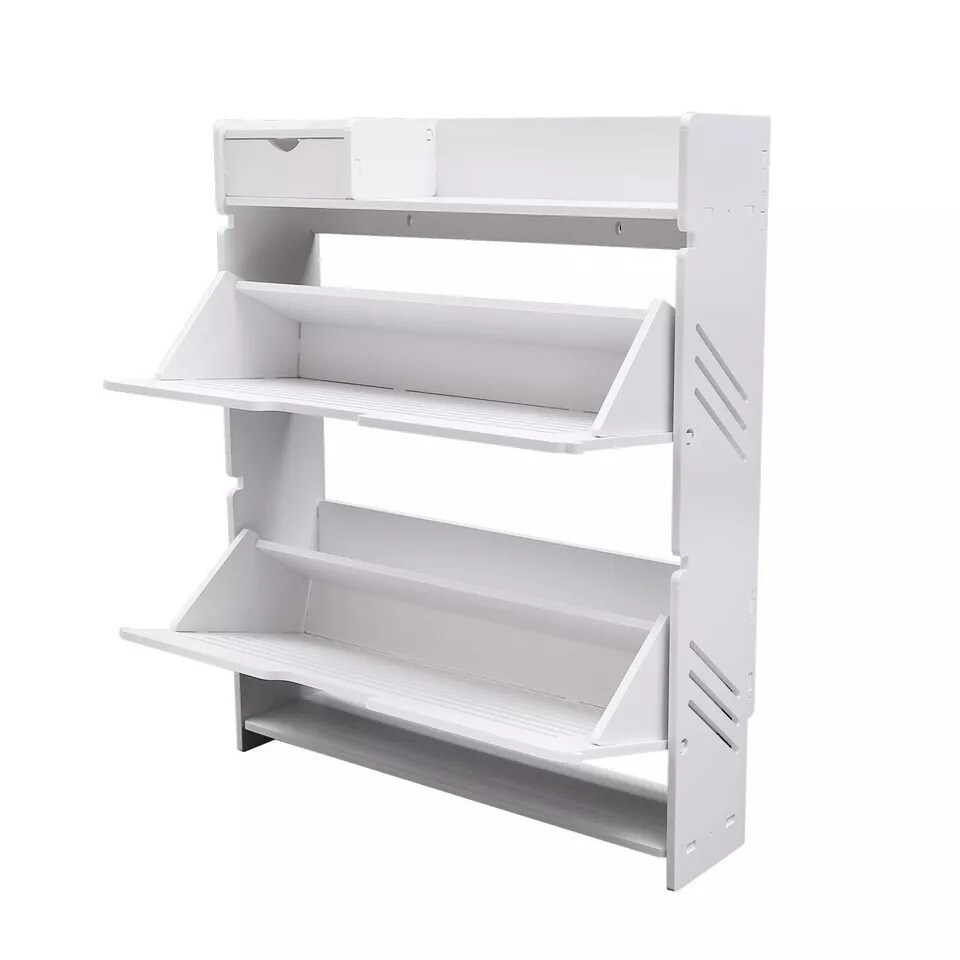 2-Tiers Flip Drawer Shoe Storage Cabinet Organizer PVC Narrow Shoe Rack Stand