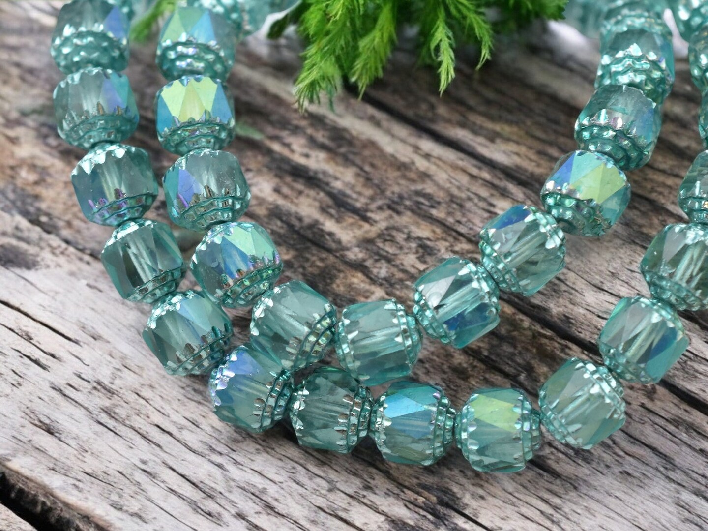 Silver Washed Teal Apollo AB Fire Polished Cathedral Beads