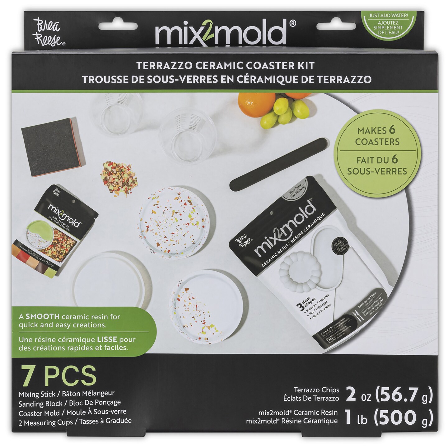 Brea Reese Mix2Mold Terrazzo Ceramic Coaster Kit - DIY 6 Coasters, All-In-1 Craft, Pastel Terrazzo, Silicone Mold-Resin-Accessories, Just Add Water