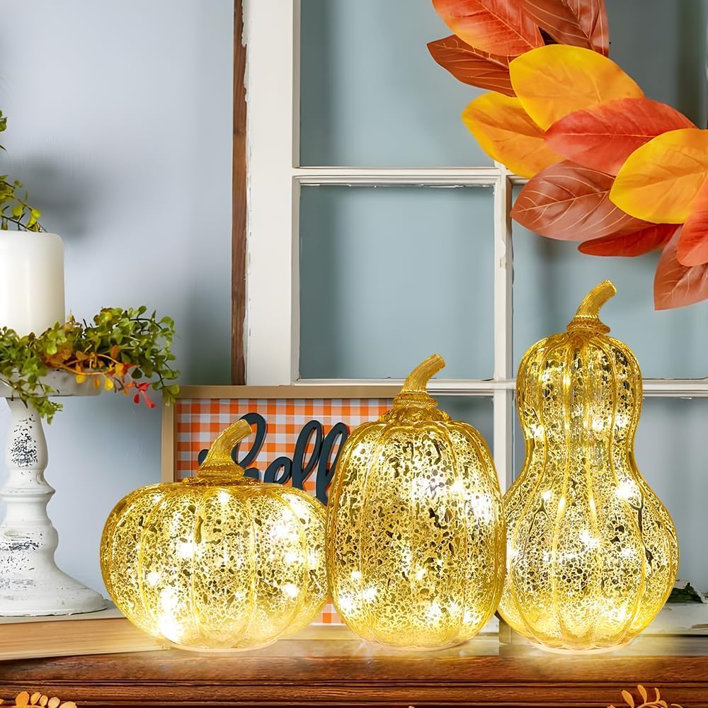 Set of 3 Thanksgiving Glass Pumpkin with Lights cheapest and Timer