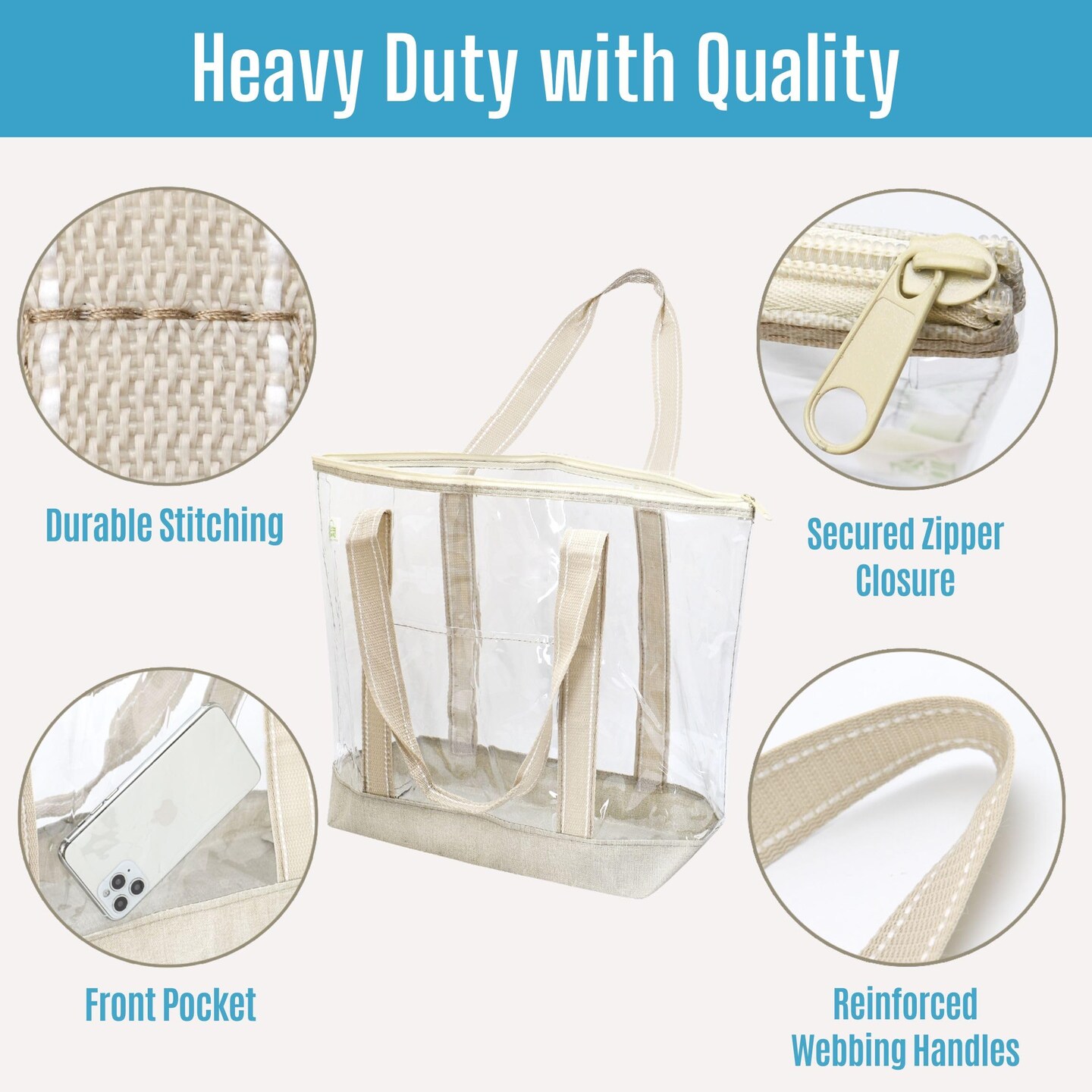 2 Pieces Clear Bag Transparent Vinyl PVC Tote, Outdoor, Beach, Pool (Set of 2, Beige)