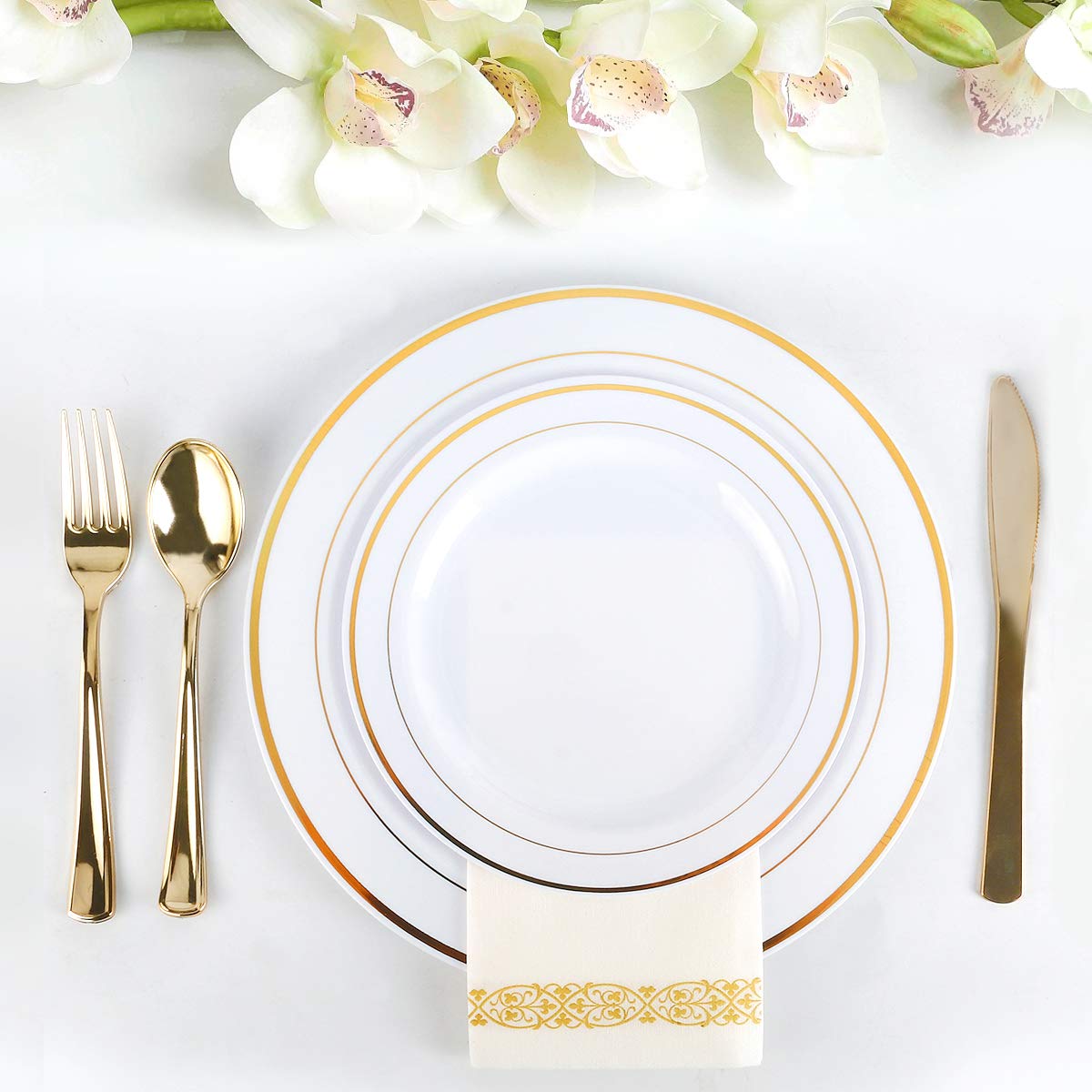 175 Piece Gold Dinnerware Set - 50 Gold Rim Plastic Plates - 25 Gold Plastic Silverware - 25 Gold Plastic Cups - 25 Gold Paper Napkins, 25 Guest Disposable Gold Dinnerware Set