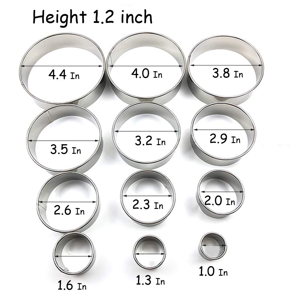 12  Pieces Stainless Steel Round Cookie Cutter Set,  Circular Biscuit Cutters Round Donut Ring Molds for Baking 1.2 Inch Height