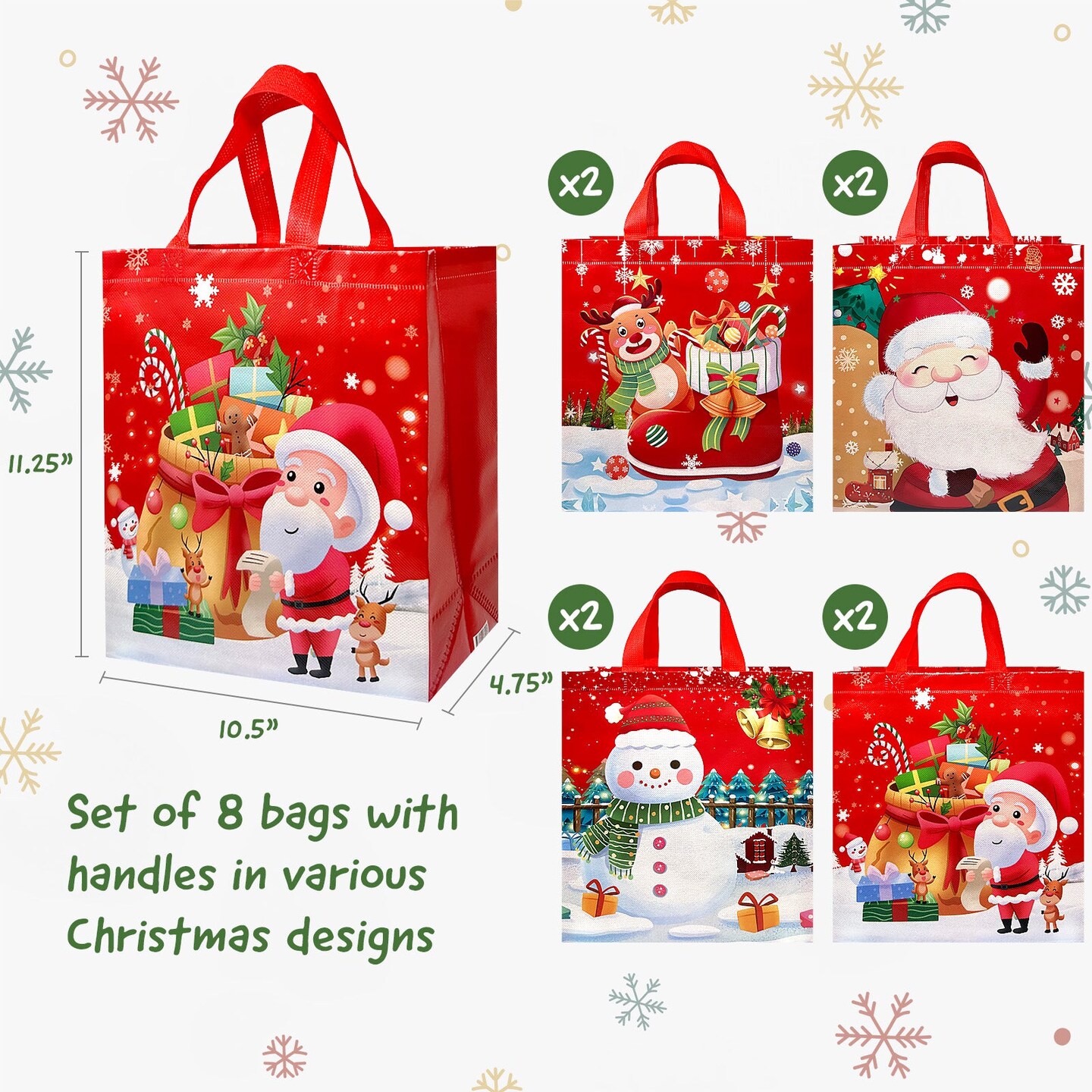 Wrapables Non-Woven Reusable Cheerful Christmas Gift Bags with Handles for Gift Wrap, Parties, Favors and Treats (Set of 8), Santa and Snowman