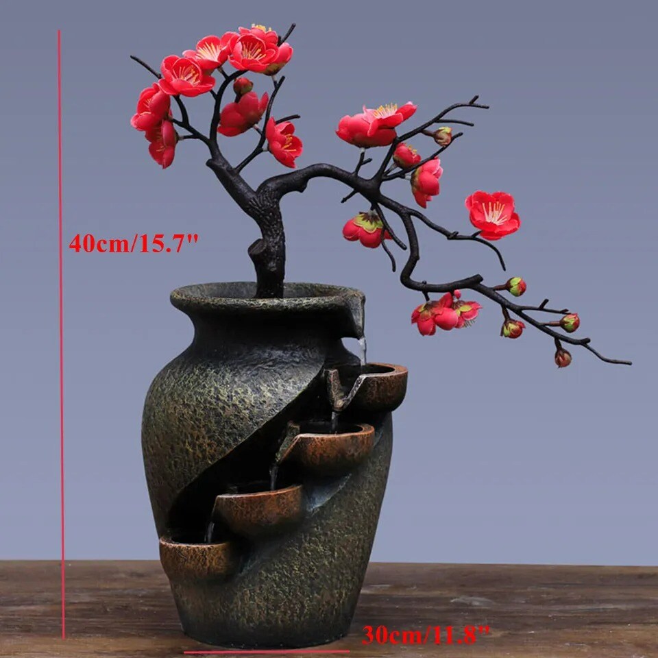 Flower Vase Waterfall Fountain Tabletop FengShui Water Fountain Indoor Decor