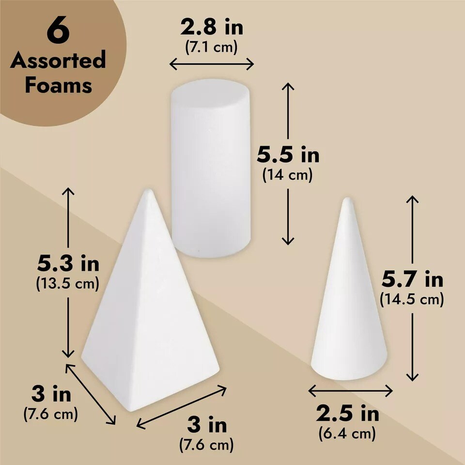 6 Pack Craft Foam Shapes for DIY Crafts Art Modeling, White, 2.5 to 5.9 In