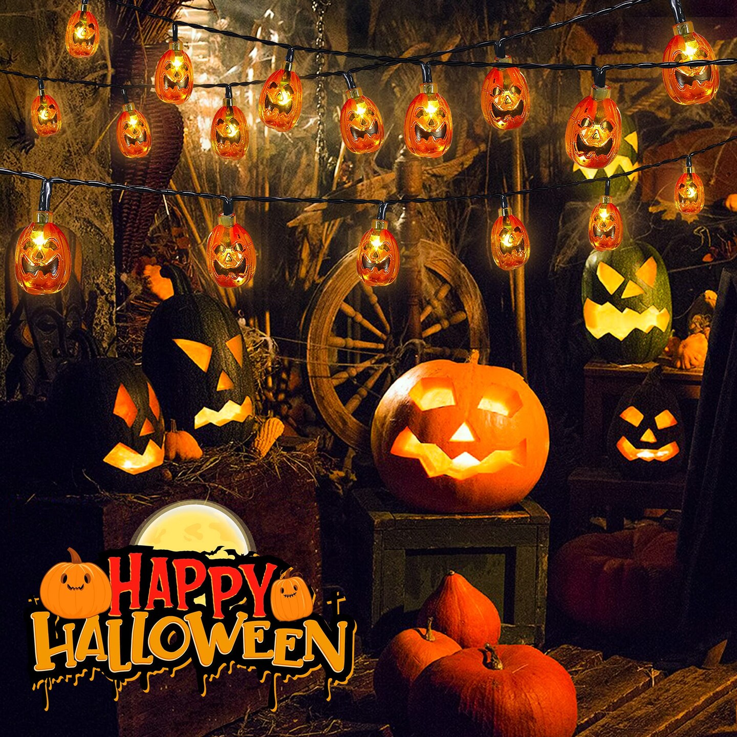 2 Pack Solar Powered Halloween Pumpkin String Lights, 20ft, 30 LEDs, 8 Lighting Models, Waterproof, Indoor/Outdoor Use