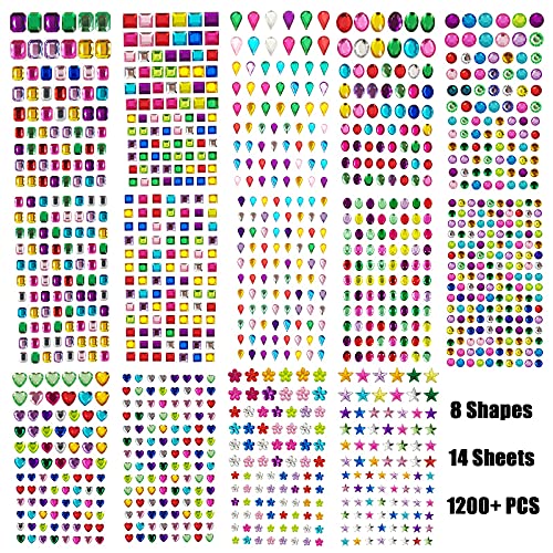 1200 Pieces Self Adhesive Gems Stickers,14 Sheets Rhinestone Stickers for DIY Craft,8 Shapes Sparkle Jewels for Nail Body Makeup Festival