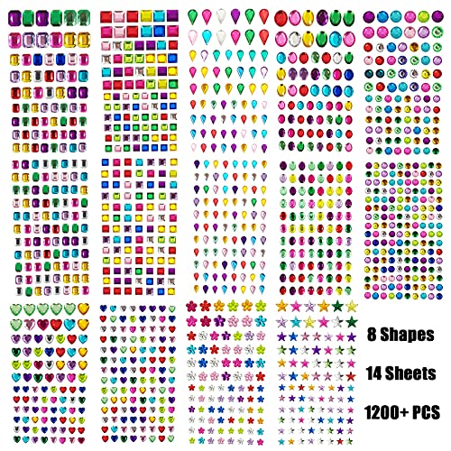 1200 Pieces Self Adhesive Gems Stickers,14 Sheets Rhinestone Stickers for DIY Craft,8 Shapes Sparkle Jewels for Nail Body Makeup Festival