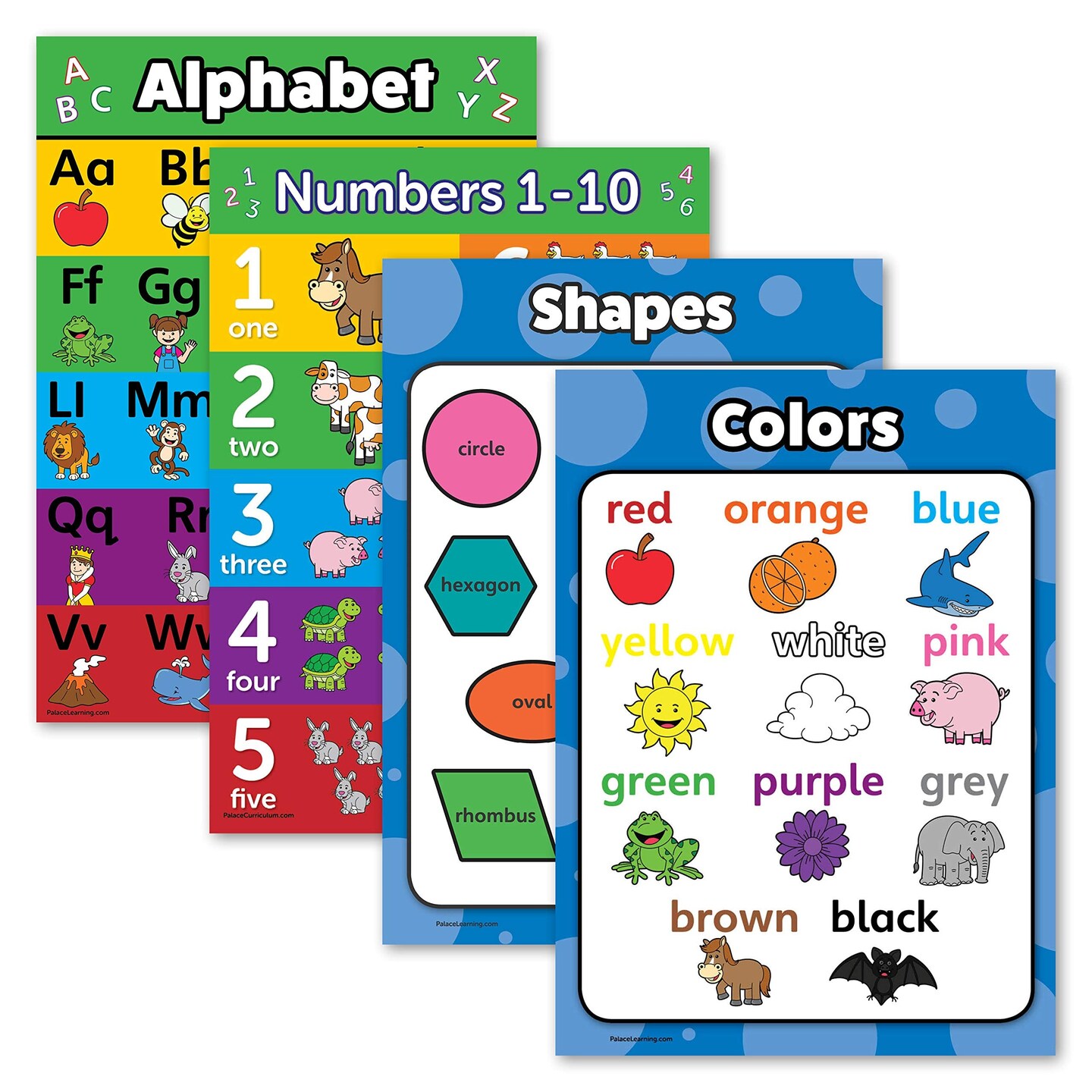4 pack - ABC Alphabet + Numbers 1-10 + Shapes + Colors Poster Set - Toddler Educational Charts (LAMINATED, 18" x 24")