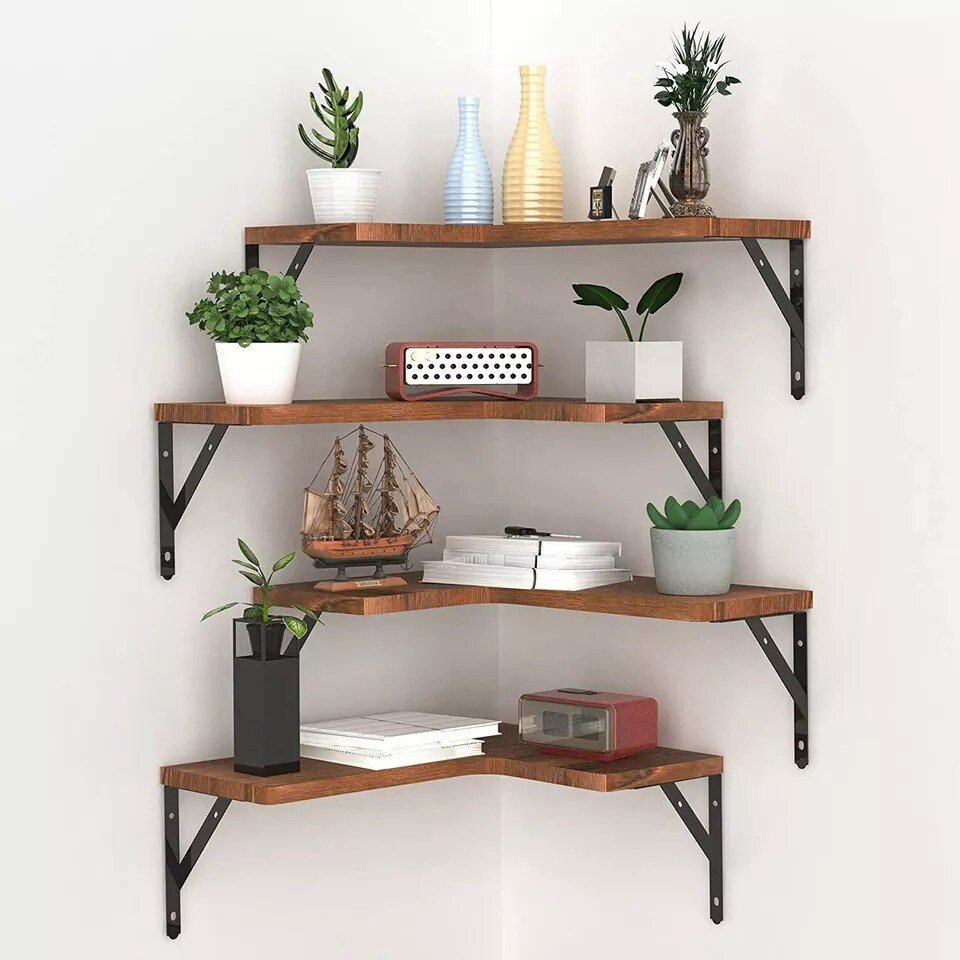 Set of 4 Corner Wall Shelf Wood Floating Storage Shelves Display Decor Bedroom