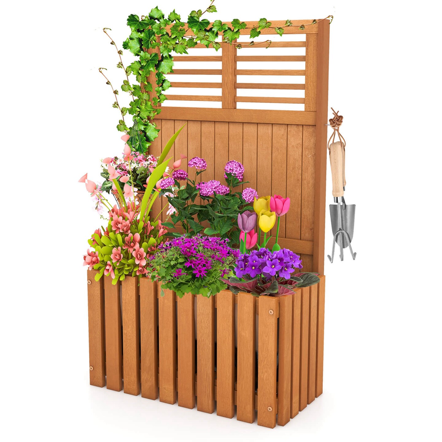 Costway 1/2 PCS Wooden Plant Stand Raised Garden Bed with Trellis & Planter Box Privacy Screen
