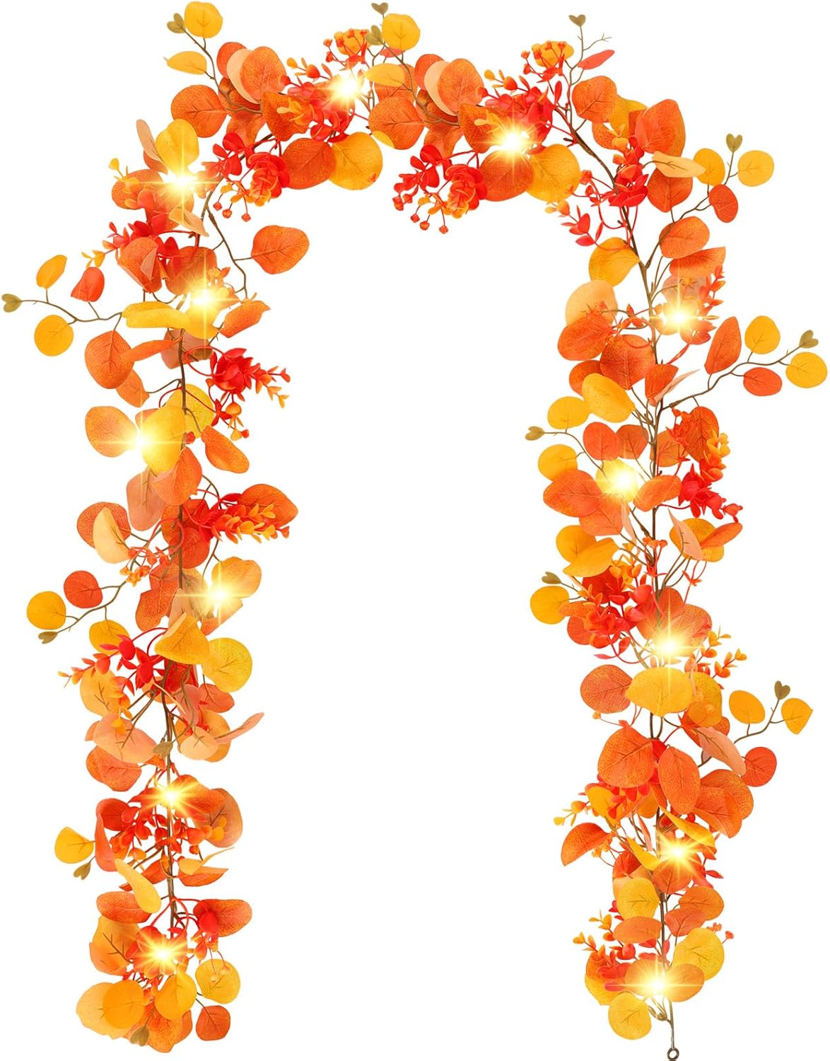 6FT Artificial Orange Eucalyptus Garland, Battery Operated Twig Vine Fall Decorations for Home Thanksgiving Table Fireplace Mantle Party Outdoor