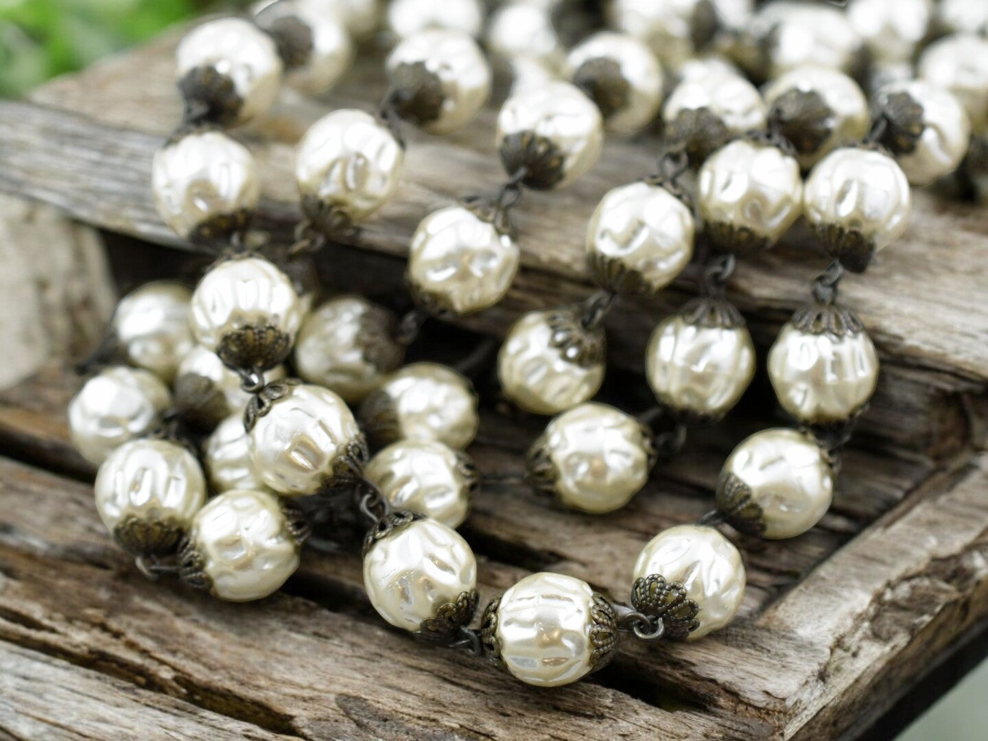 10mm Czech Glass Cream Baroque Pearl Chain with Bronze Caps -- Sold By The Foot