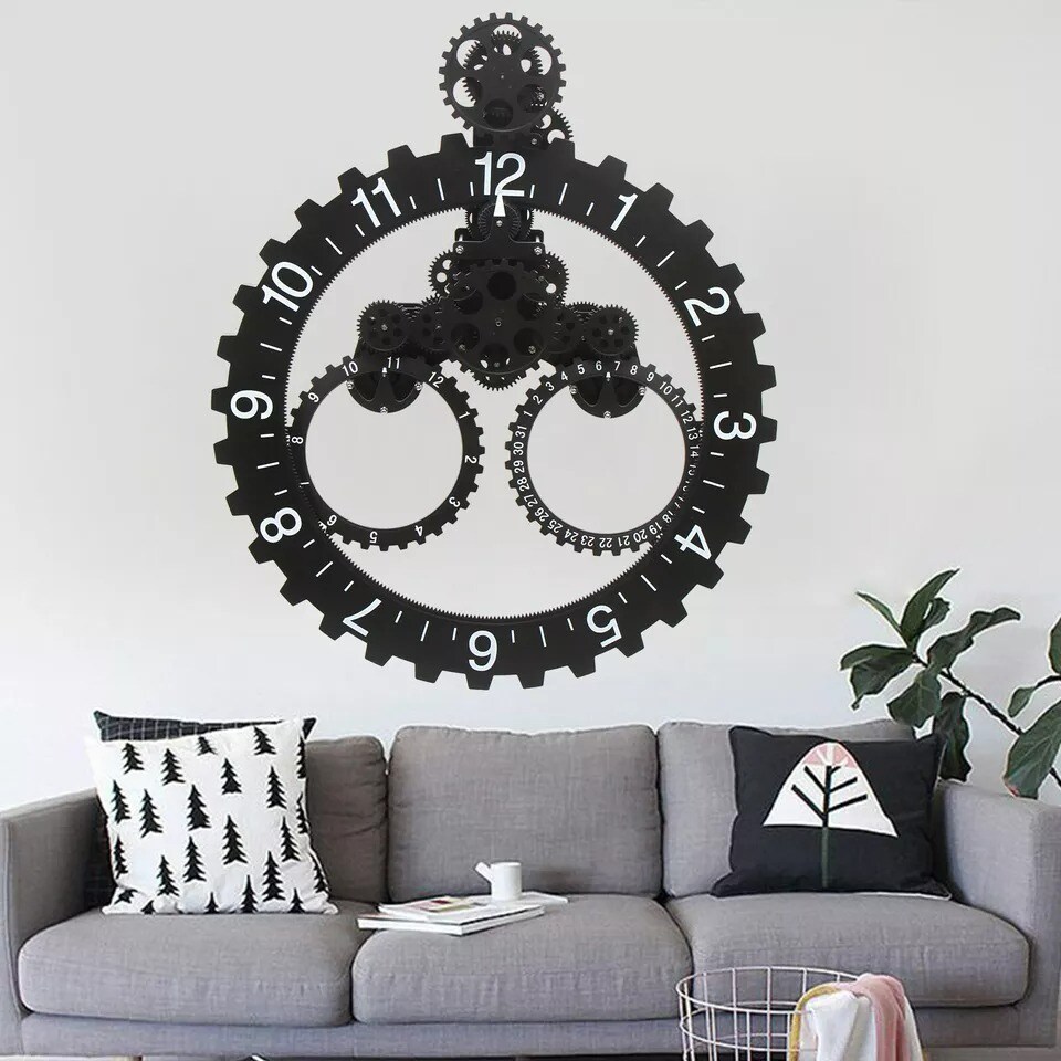 Wall Clock 27&#x22; Industrial Black Metal Gear Mechanical Moving Gear Wall Clock