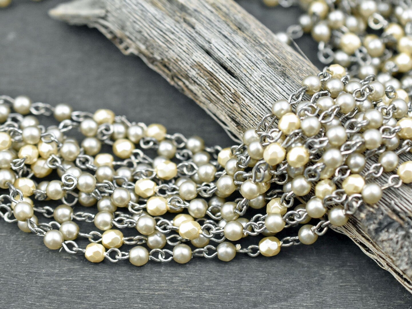 4mm Satin Taupe Pearl & Cream Fire Polished Round Beads w/Silver Beaded Chain
