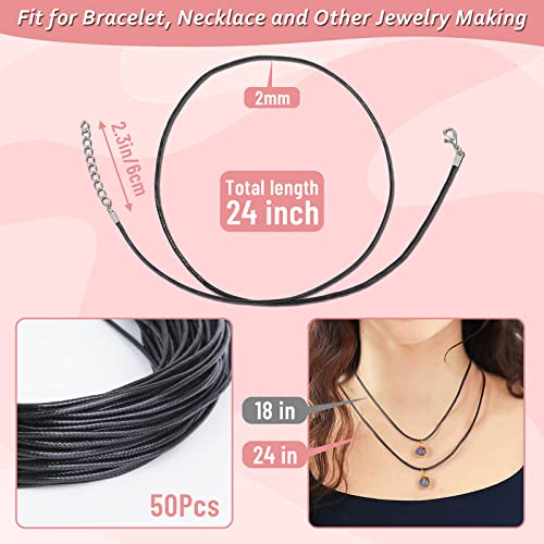 50 Pieces Necklace Cord, Black Necklace String Rope with Clasp, 24 Inch Black Waxed Cotton Cord Necklace Bulk for Charms Pendants, Bracelets, Necklaces, Jewelry Making Supplies and Beading Supplies