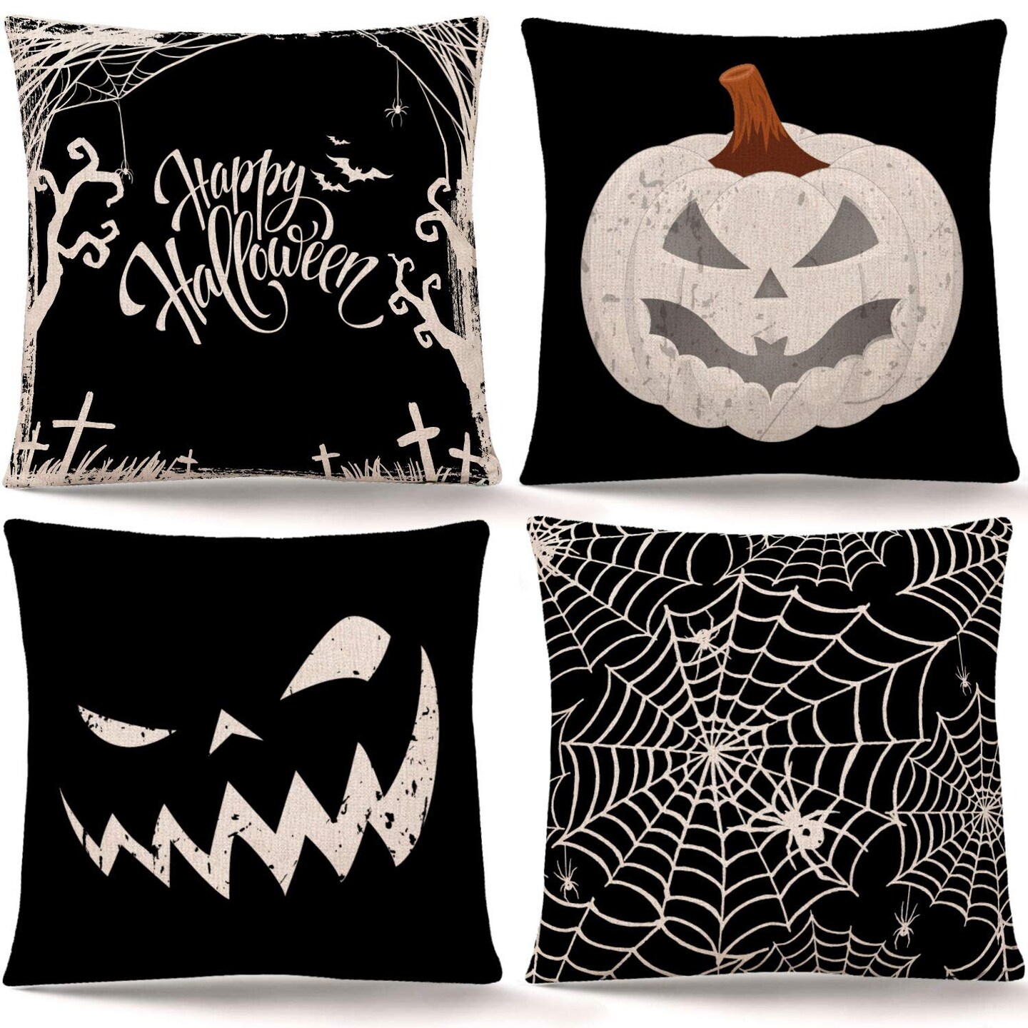 4 Pieces Happy Halloween Pillow Cover Pumpkin Spider Web Pillow Case Black Linen Throw Cushion Cover Cushion Cases for Home Office Halloween Sofa Bed Decoration, 18&#x22; x 18&#x22;
