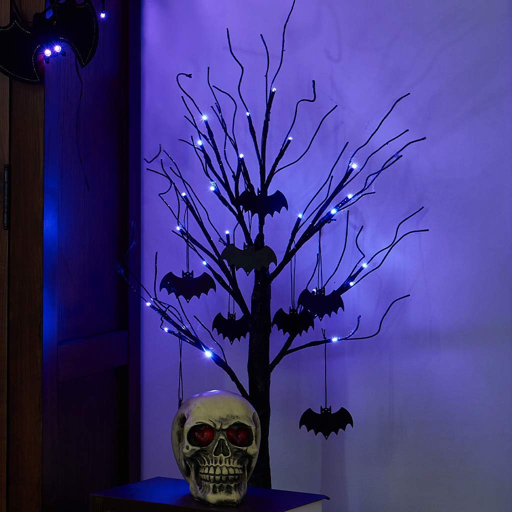 2FT Black Halloween Tree with 24 Purple Lights and 8 Bat Ornaments, Light up Halloween Decorations with Timer for Indoor Home Desk Table Decor Battery Powered