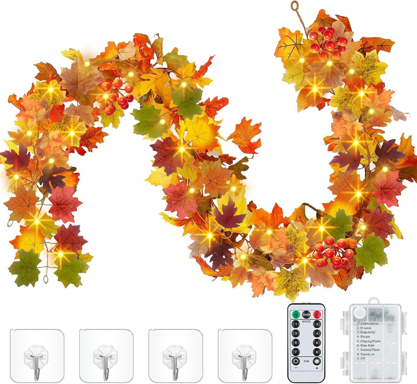 Remote, 50 LED Battery Operated Fall Garlands Decor, Autumn Maple Leaf Lights for Home Halloween Thanksgiving Garland Indoor Outdoor Decoration