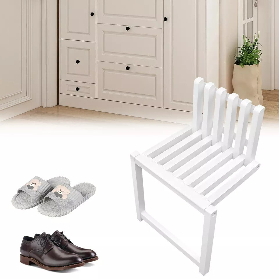 Wall Mount Wood Folding Chair Hidden Footstool Entryway Seat Bench Bathroom