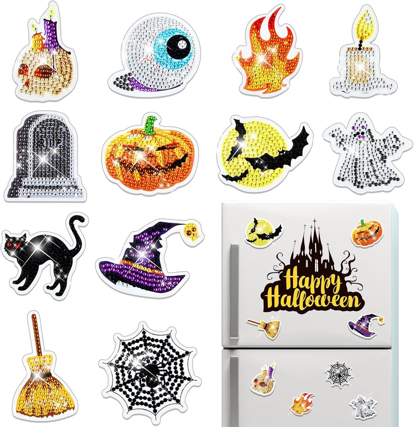 12 Pcs Halloween Diamond Magnets DIY Special Shaped Painting Kits for Kids Halloween Gem Art Painting Kits Refrigerator Magnets for Halloween Party Holiday Decoration