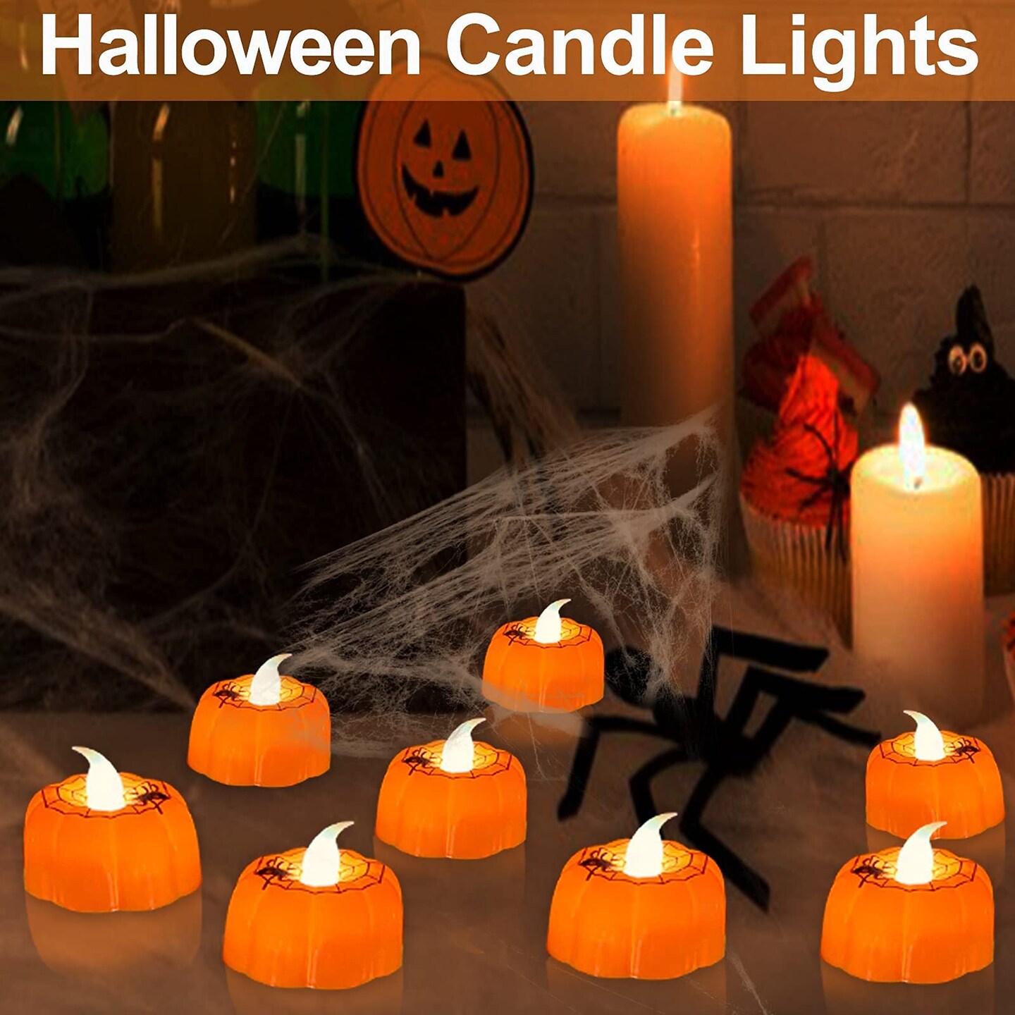 12 Pieces Halloween Pumpkin Tealights Candles with Spider Web Decor, LED Pumpkin Lights, Flame Less Candle Battery Operated Halloween Table Decorations Home Fireplace Party Thanksgiving Fall