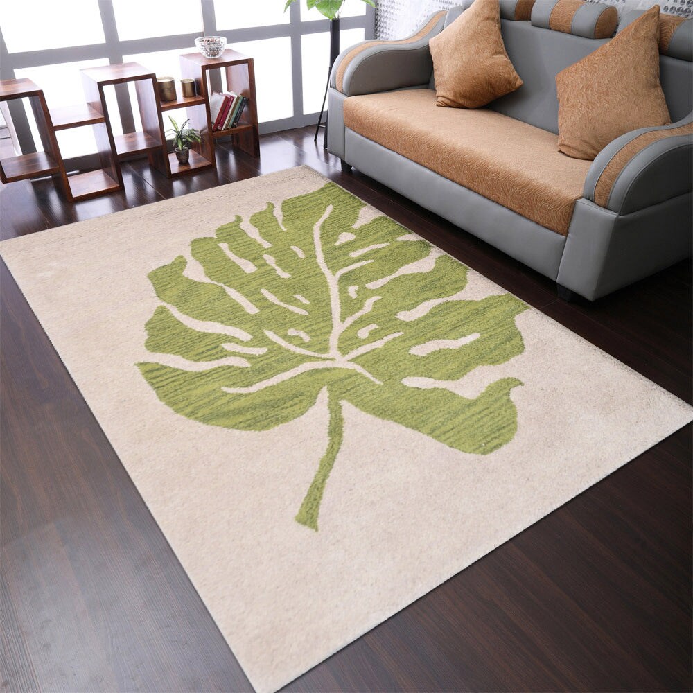 Hand Tufted Wool Area Rug Beige Green Floral Design K00716 5X8 Eco-Friendly