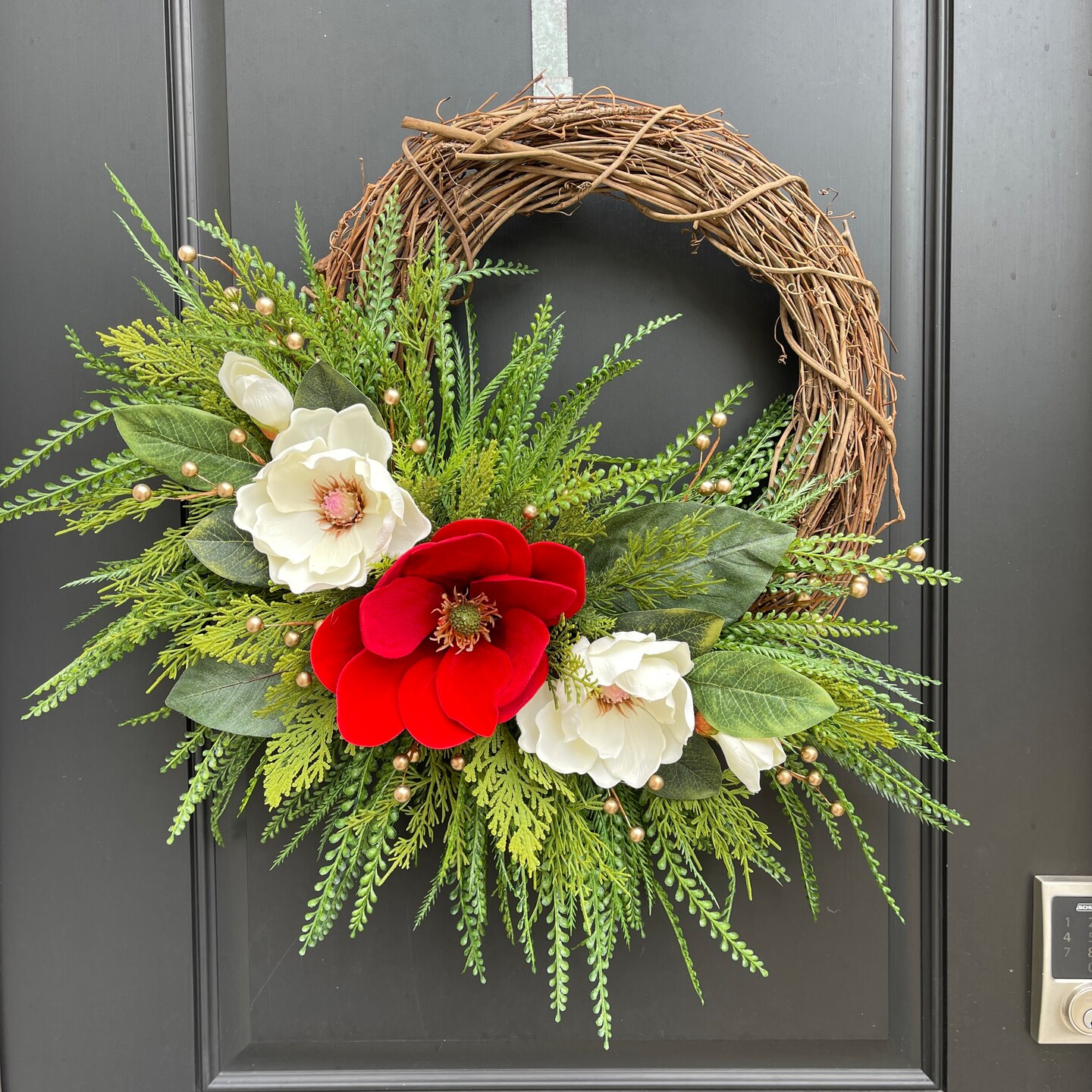 Elegant Red and White Winter Magnolia Wreath for Front Door, Magnolia Home Decor