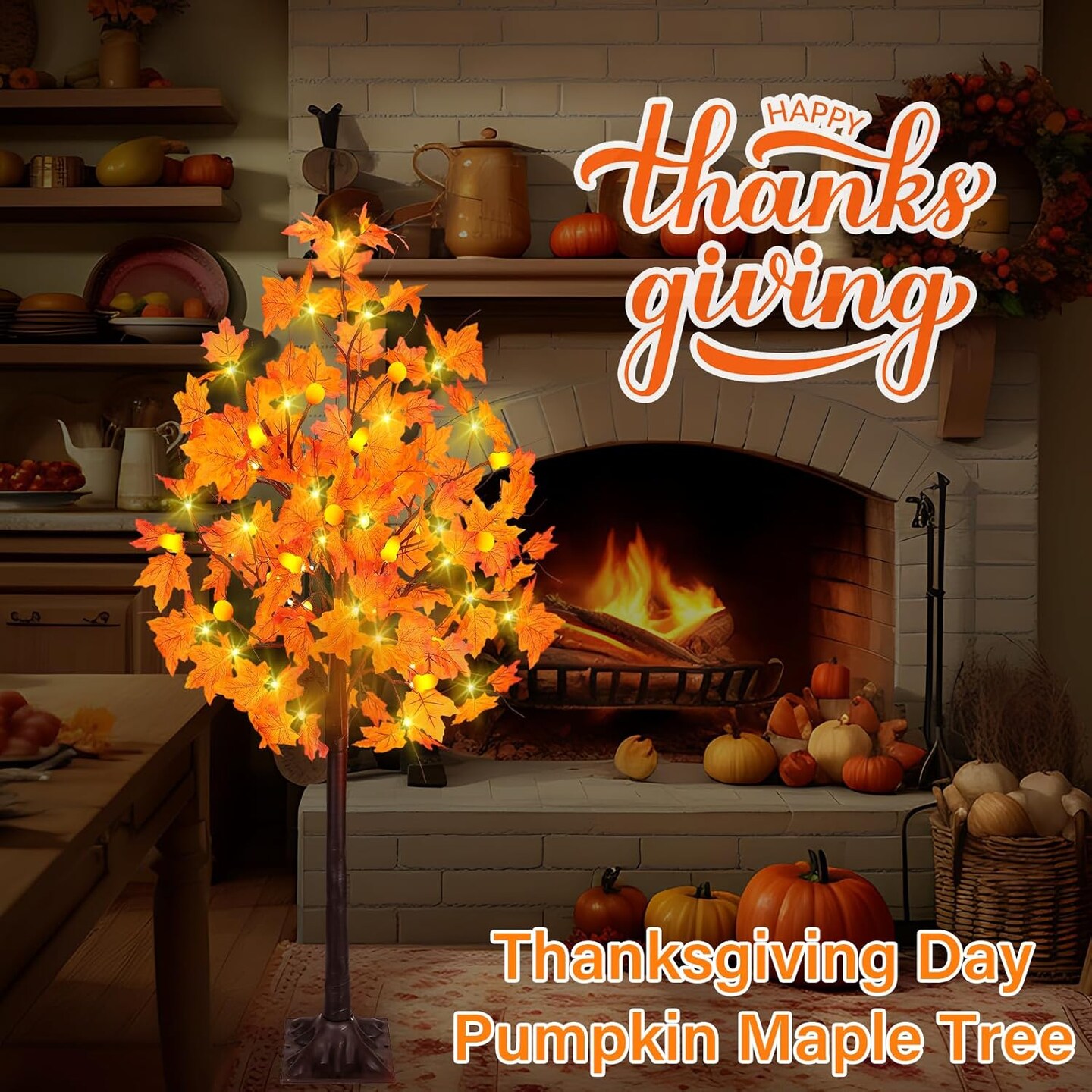 Maple Tree, 63 LED Prelit Fall Decor Maple Tree 7 Pumpkin Lights 7 Acorns Lights Plug in Indoor Outdoor Autumn Thanksgiving Harvest Fall Decorations