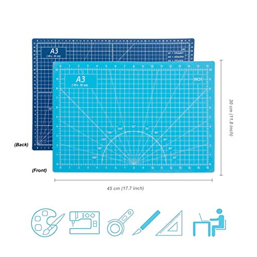 Self Healing Cutting Mat 18"x12" Non-Slip PVC Double Sided 5-Ply A3 Art Craft Rotating Mat,Sewing Crafts Hobby Fabric Precision Scrapbooking Project(Blue/Light blue)