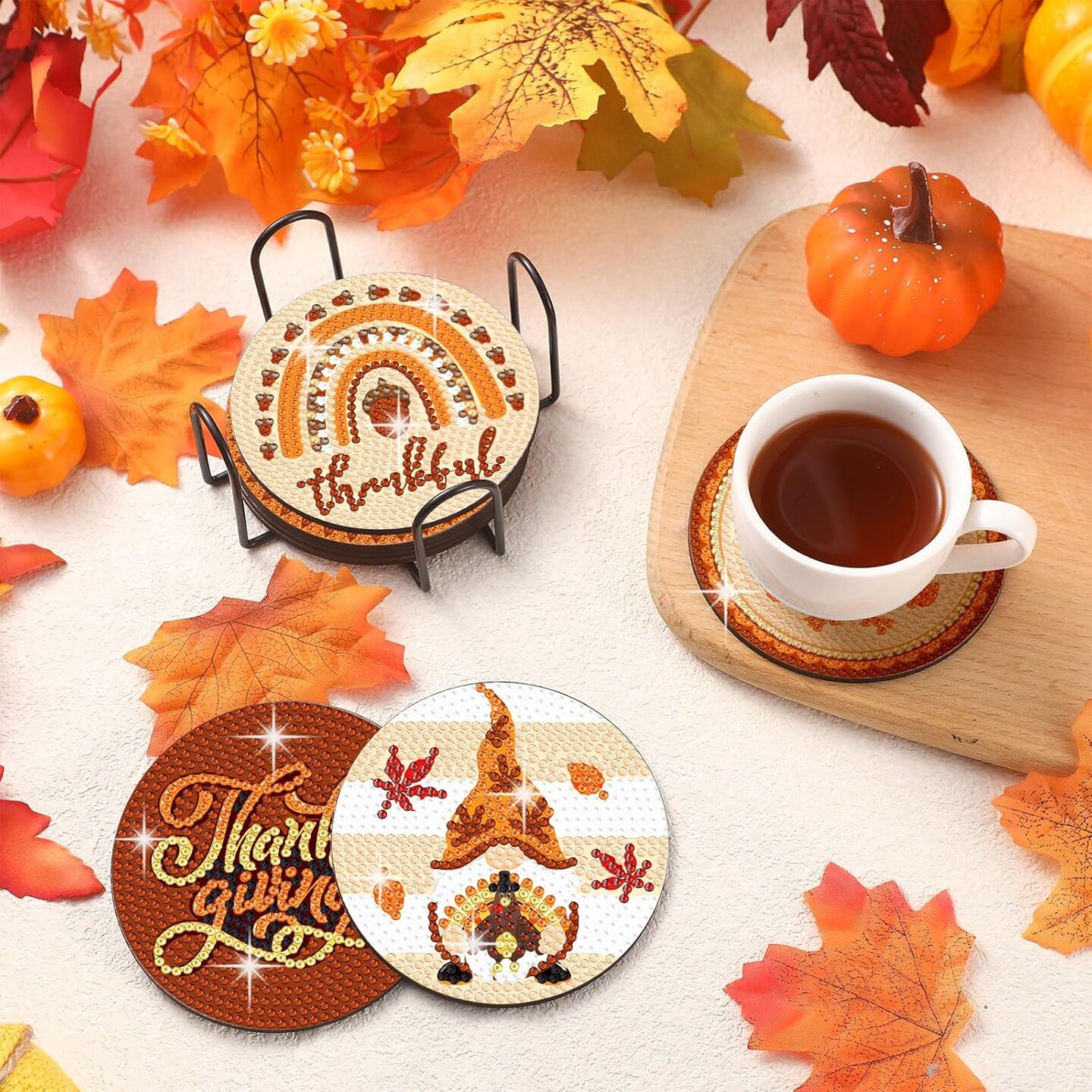 Diamond Painting Fall Diamond Art Coasters with Holder Turkey Gnome Pumpkin Diamond Panting Kits Orange Diamond Coasters for Adults Kids Craft Gifts