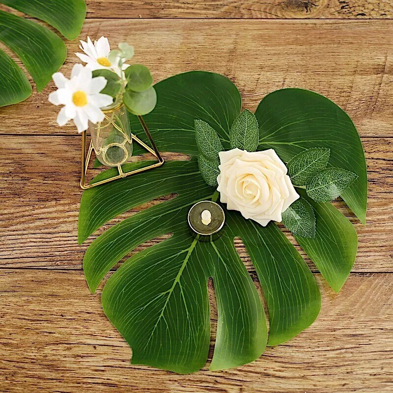 12 Green ARTIFICIAL MONSTERA LEAVES Tropical Greenery Party Events Decorations