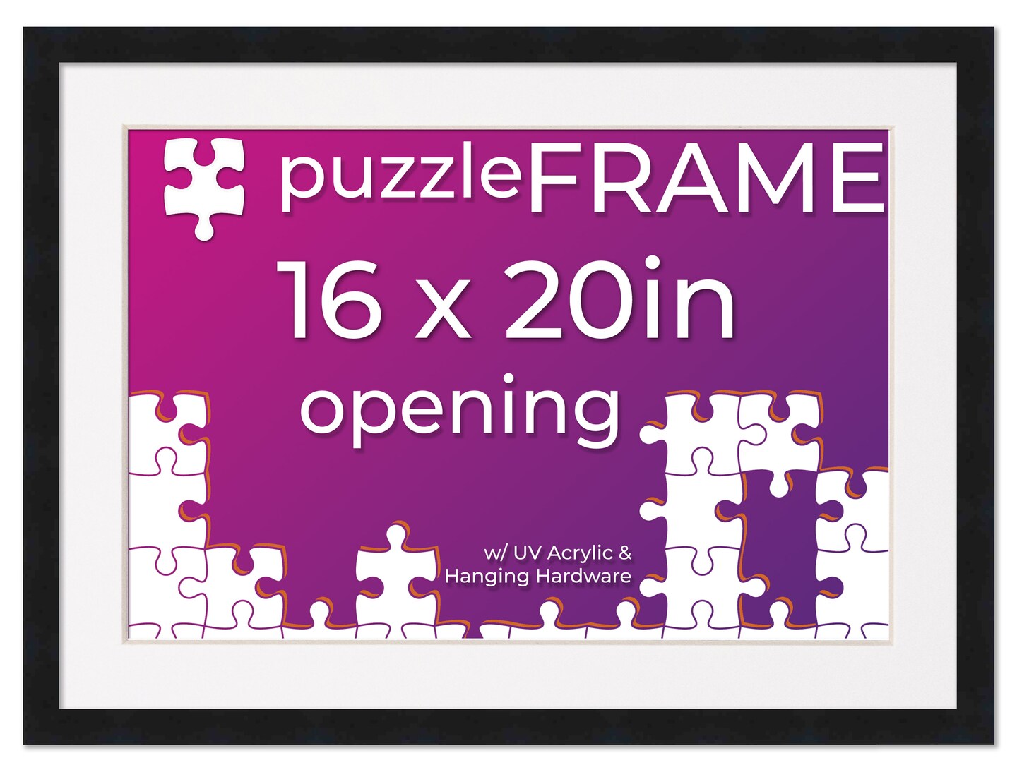 16x20 Jigsaw Puzzle Frame Kit - Kit Includes Puzzle Glue Sheets, Black Wood Puzzle Frame with White Mat, UV Acrylic, Backing,, Hanging Hardware